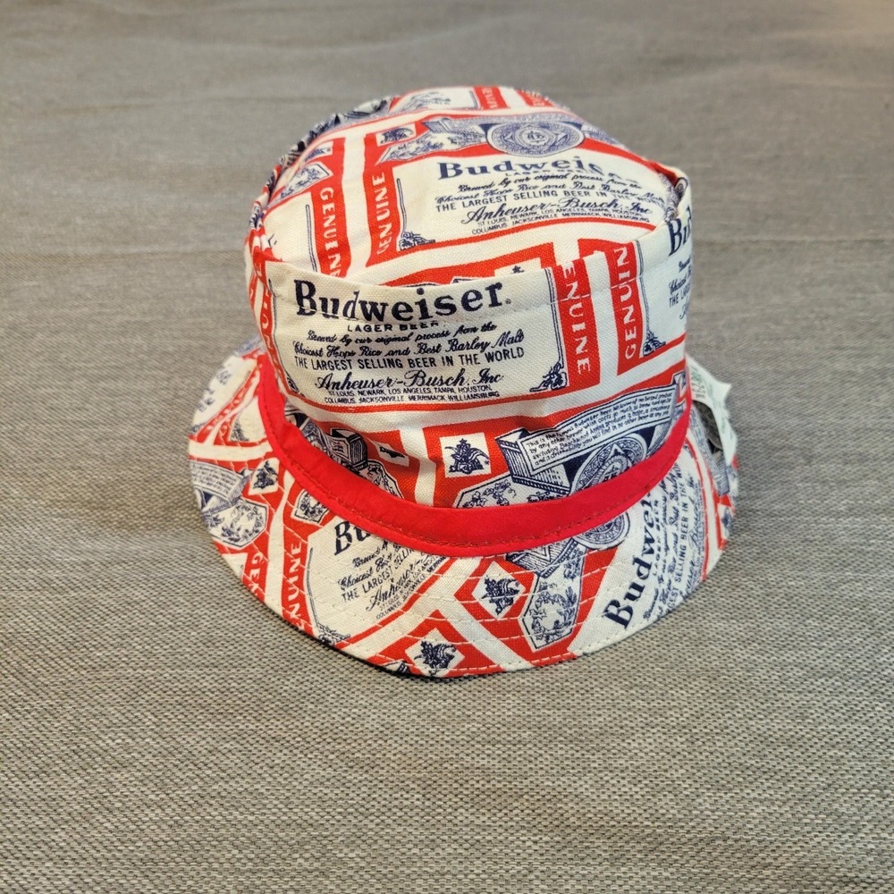 Vintage Budweiser Beer Skully Bucket Hat Henschel E-Z-ROL Red White Blue Large